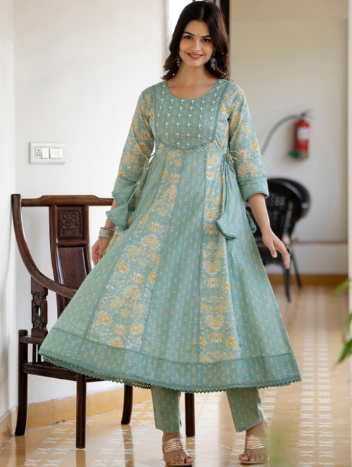 Green Floral Printed Panelled Pure Cotton Anarkali Kurta With Trousers & Dupatta