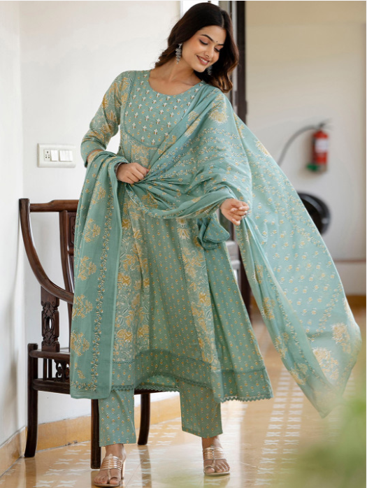 Green Floral Printed Panelled Pure Cotton Anarkali Kurta With Trousers & Dupatta