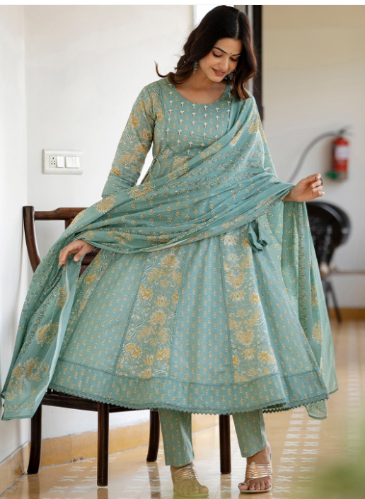 Green Floral Printed Panelled Pure Cotton Anarkali Kurta With Trousers & Dupatta